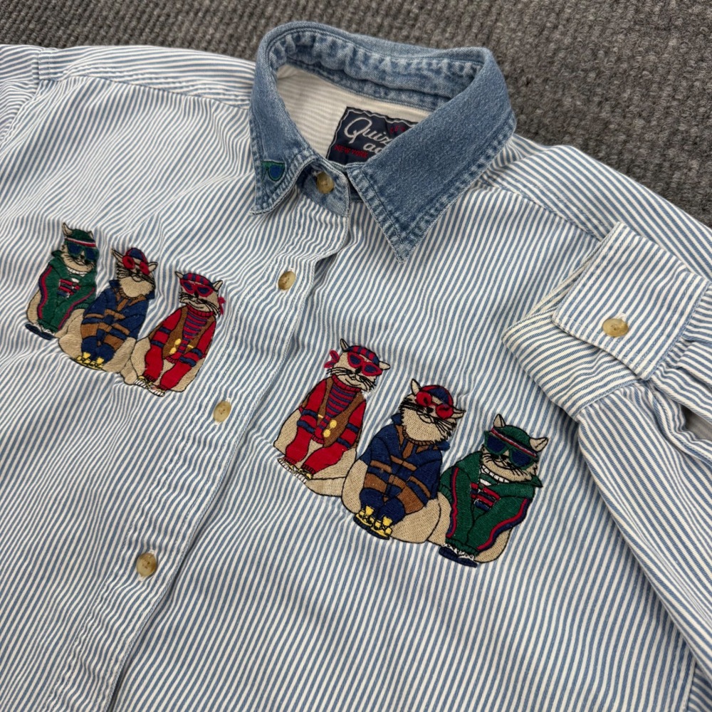 Vintage Lets Quizz Again Womens Large Striped Denim Cat Embroidery Button Shirt